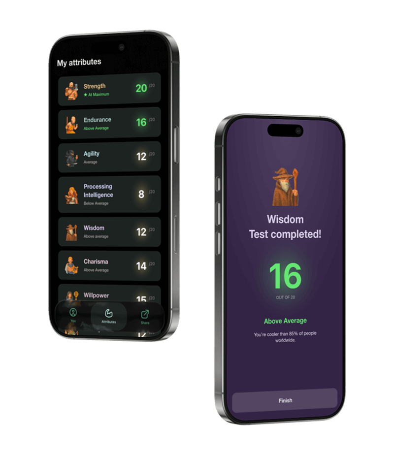 Life is RPG mobile app interface showing character attributes and personal development features